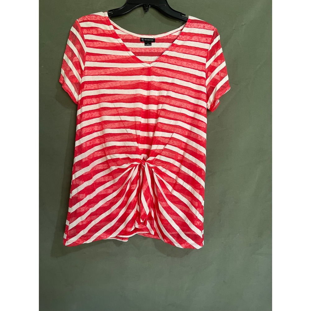 New Directions Women Red White Striped Twist Front V-Neck Short Sleeve Top M